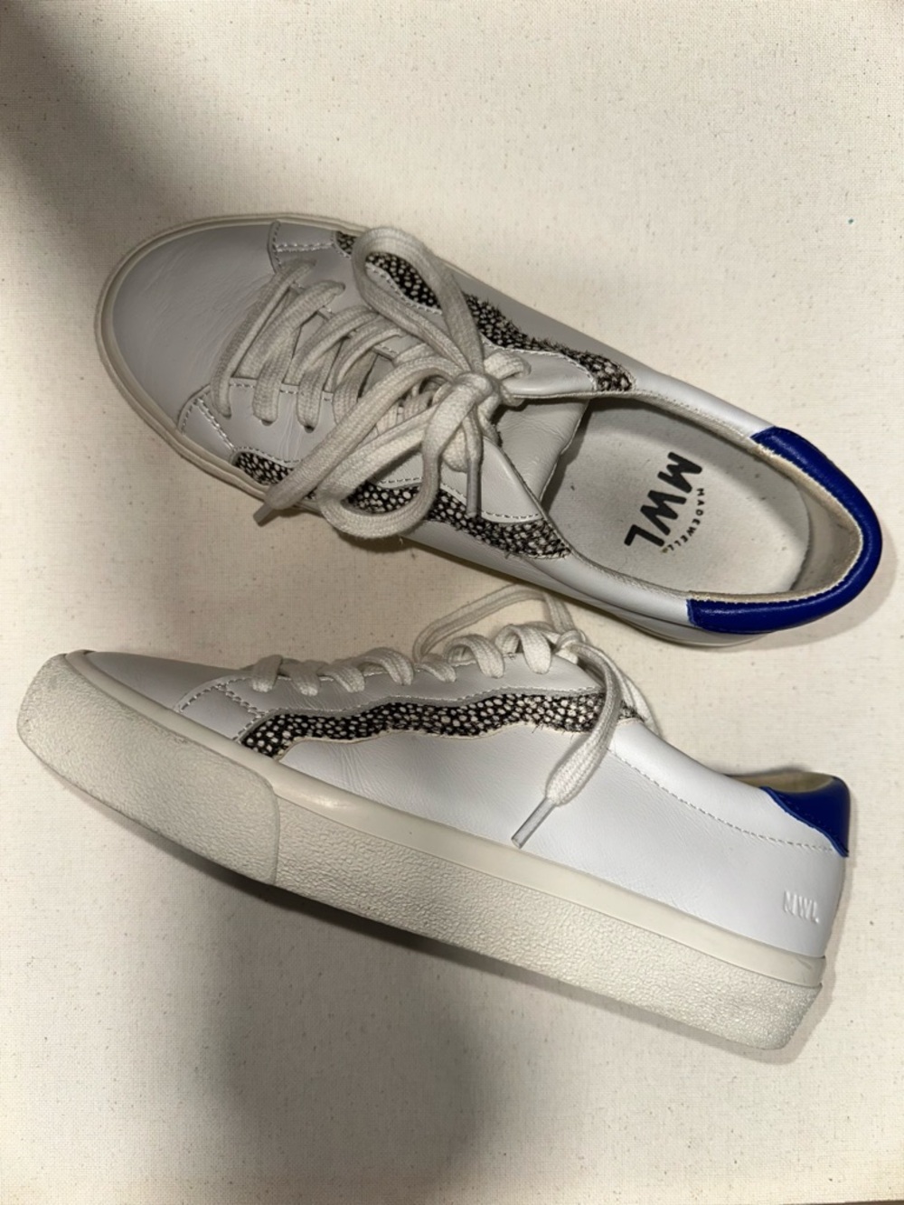 Madewell MWL White Leather Sneakers with Blue Heel Accent